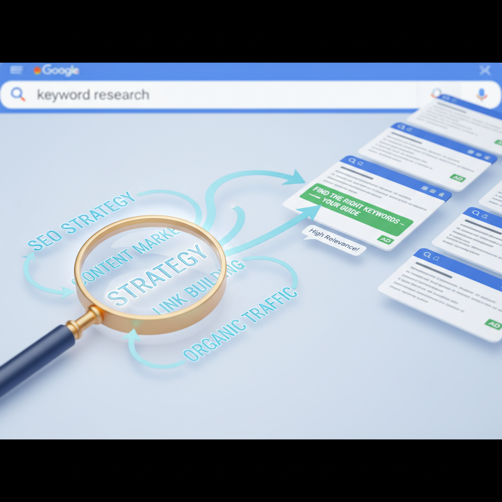 איור של זכוכית מגדלת מחפשת מילות מפתח בגוגל