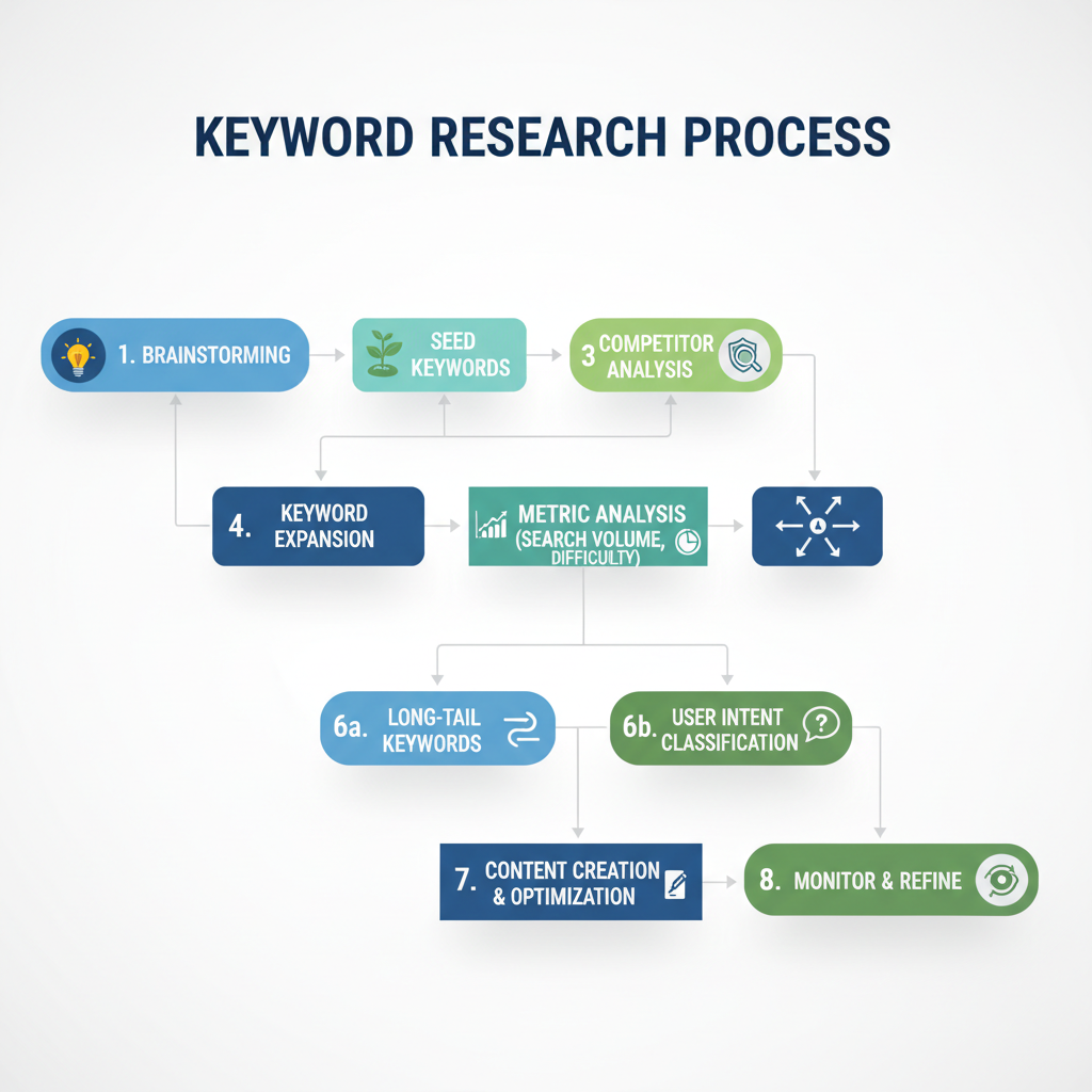 תרשים זרימה שלבי מחקר מילים בגוגל
