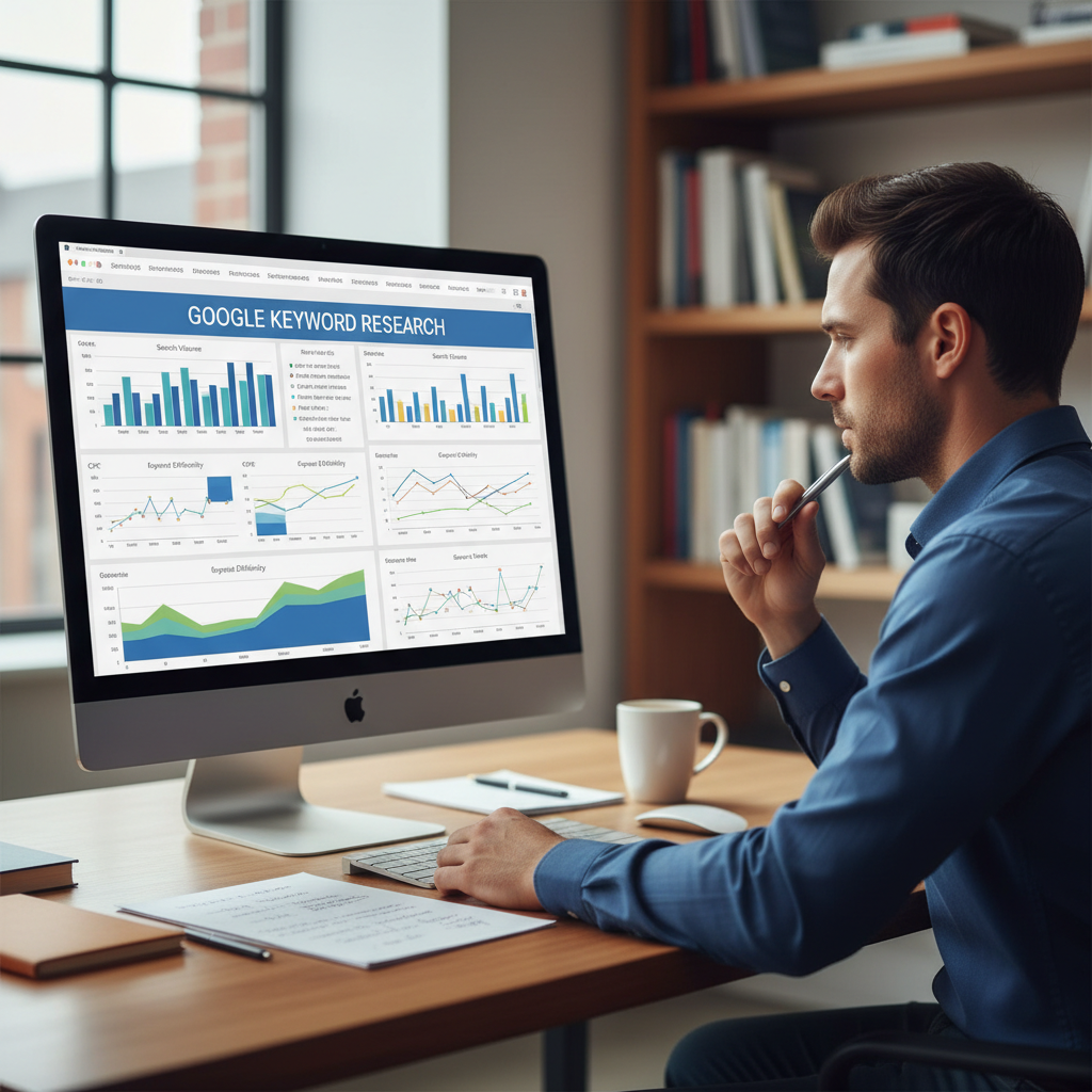 אדם עושה מחקר מילים בגוגל על מסך מחשב עם גרפים ונתונים.
