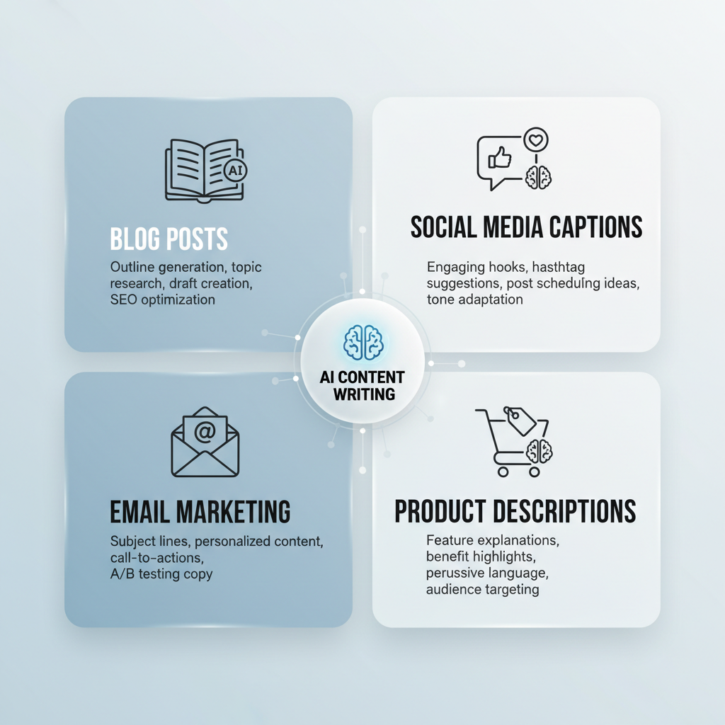 אינפוגרפיקה המציגה שימושים שונים של בינה מלאכותית בכתיבת תוכן: בלוגים, רשתות חברתיות, מיילים ותיאורי מוצרים.