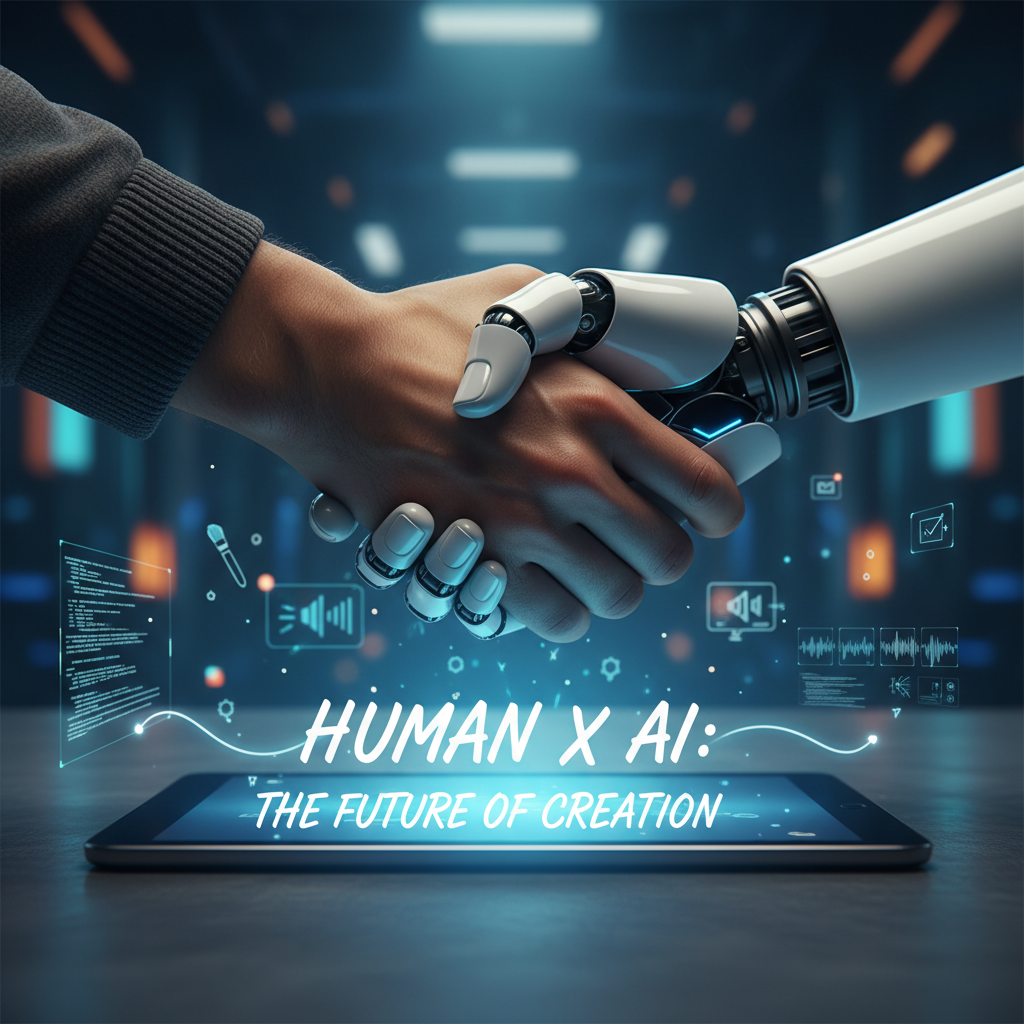 ידיים אנושית ורובוטית לוחצות ידיים מעל טאבלט, מסמלות שיתוף פעולה בין אדם לבינה מלאכותית בכתיבת תוכן.