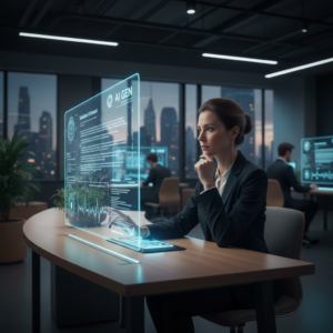 אדם עובד עם כלי בינה מלאכותית ליצירת תוכן, תמונה מקצועית המדגימה שיתוף פעולה בין אדם למכונה.