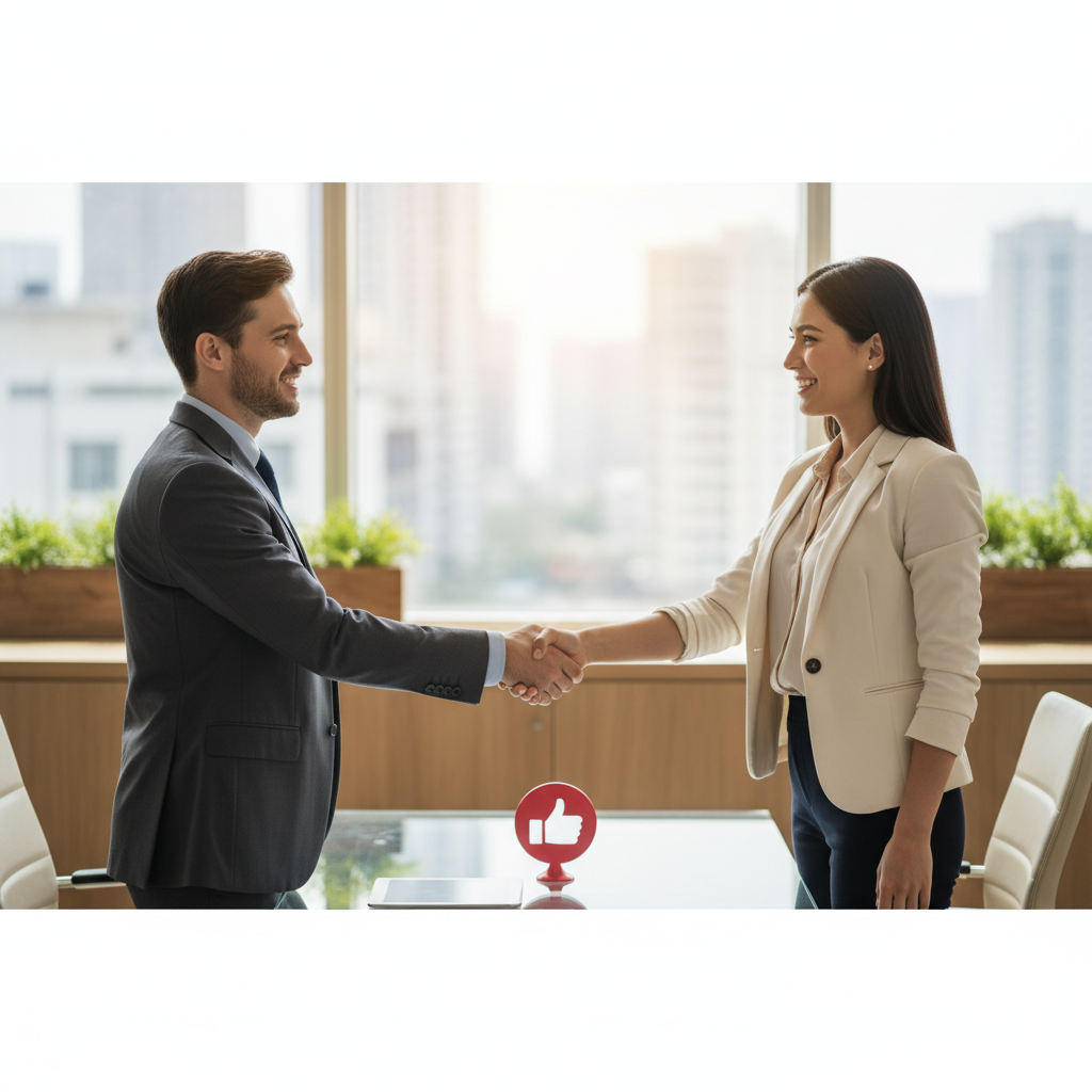 שני אנשים לוחצים ידיים, מסמלים שיתוף פעולה עסקי.