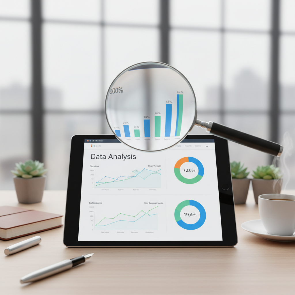 זכוכית מגדלת מרחפת מעל דוח אנליטיקה בטאבלט.