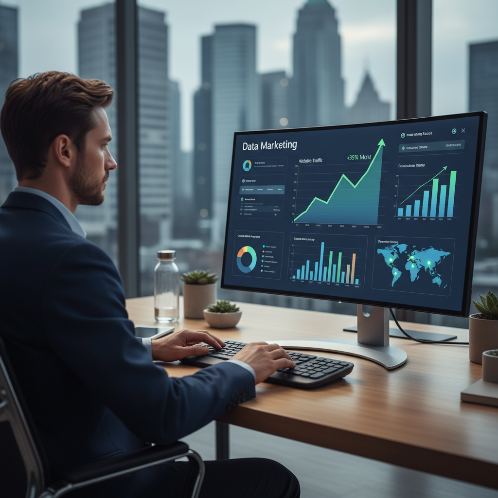 אדם מנתח דאשבורד דיגיטלי עם גרפים של תנועה לאתר.