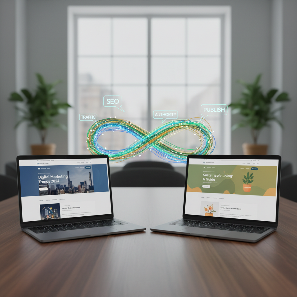 שני מסכי מחשב נייד מחוברים בקו זוהר, הממחישים את הקשר בין אתרי אינטרנט שונים דרך בניית קישורים יעילה ורלוונטית לחיזוק סמכותיות.