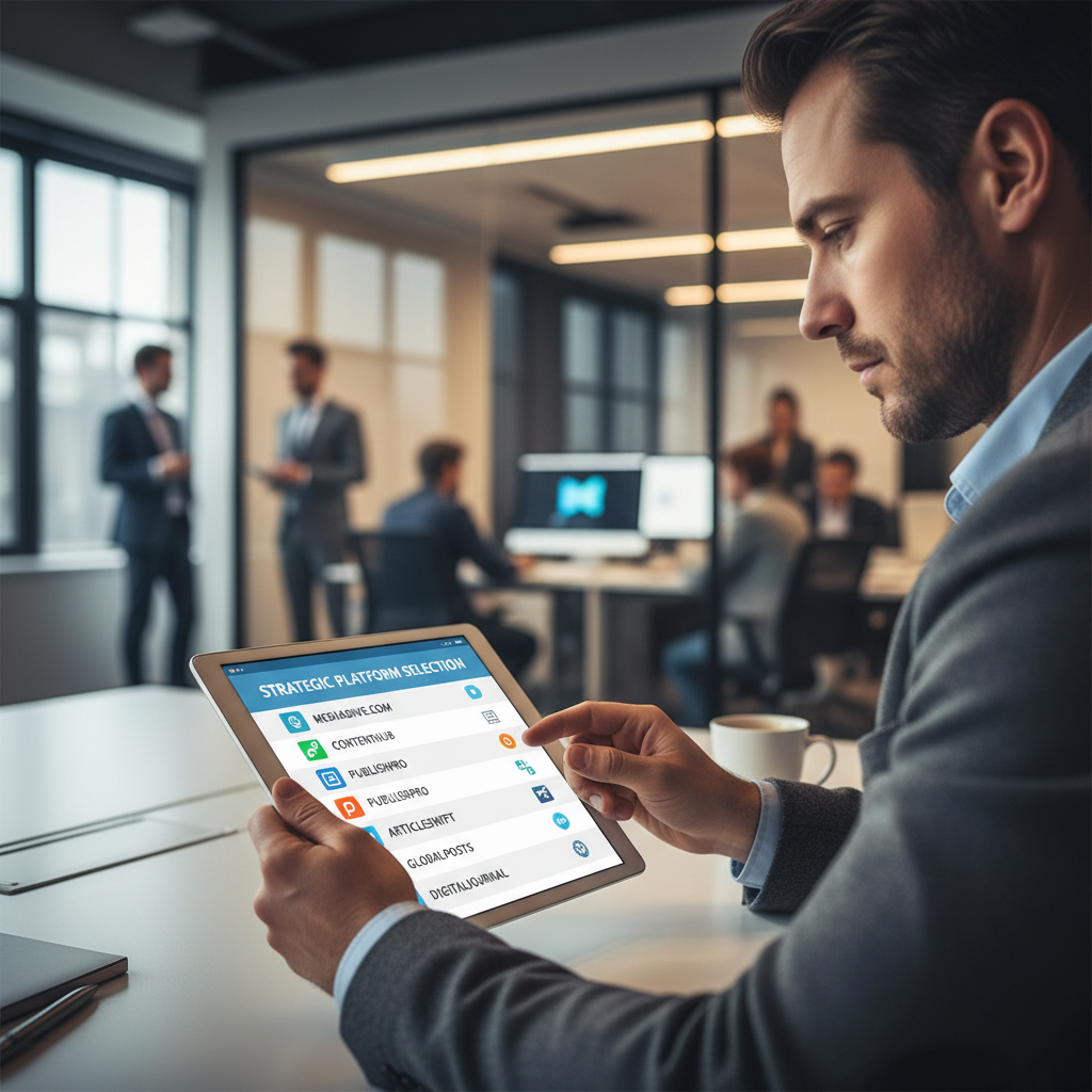 אדם בודק רשימת אתרים על טאבלט בסביבת משרד, המראה את תהליך בחירת הפלטפורמות לפרסום כתבות בתשלום וחשיבות הנגישות למידע רלוונטים.
