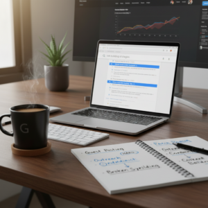 שולחן עבודה מודרני עם מחשב נייד המציג תוצאות חיפוש בגוגל, מחברת עם הערות SEO וכוס קפה, המדגיש את החשיבות של בניית קישורים אמינים.